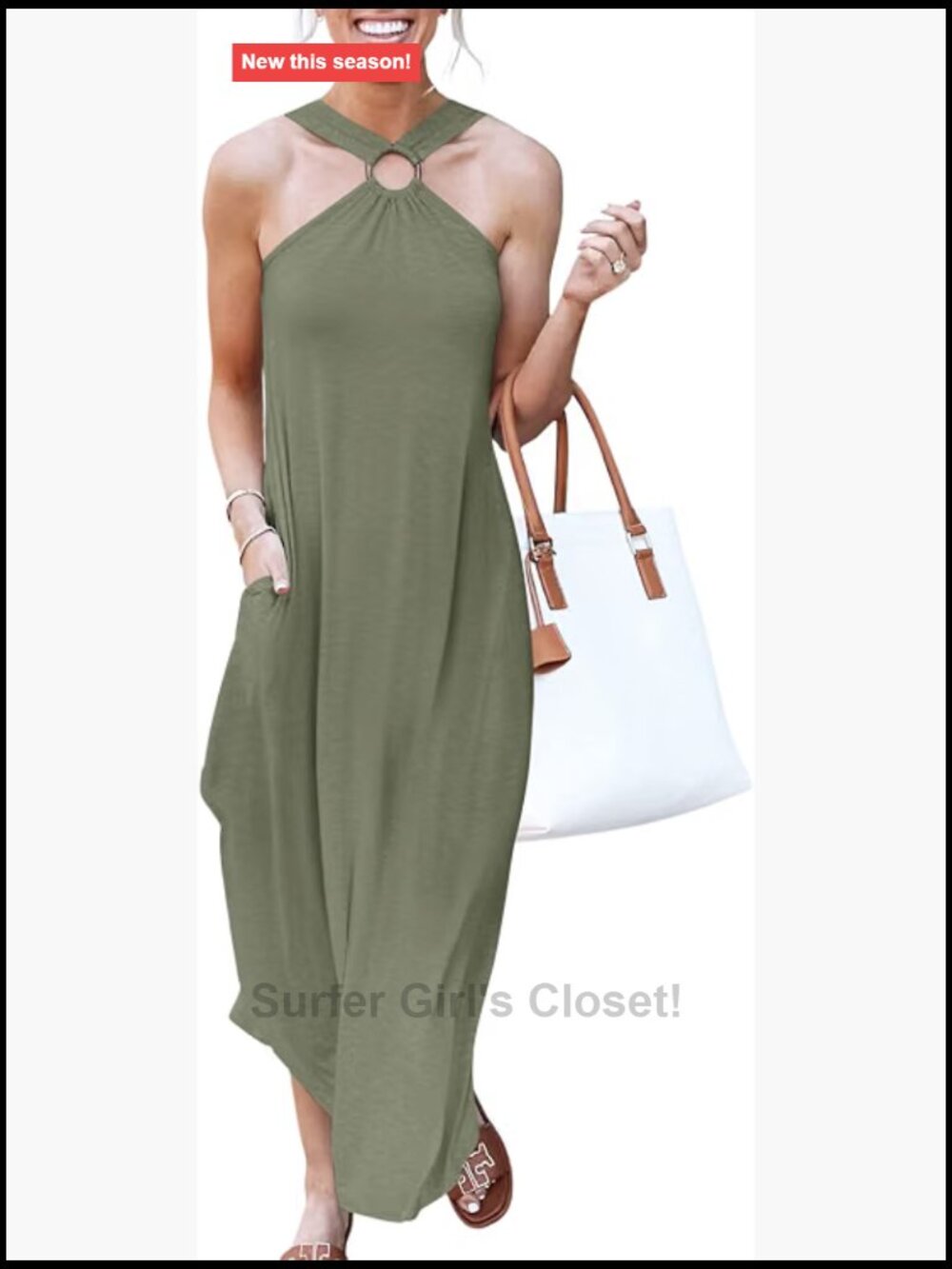 Women's Sleeveless Halter Maxi Dress with Pockets Side Slit Beach Vacation